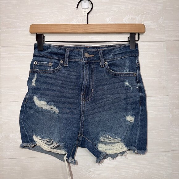 No Boundaries Distressed High Rise Denim Jean Shorts Blue Cutoff Frayed Hem - Picture 2 of 5